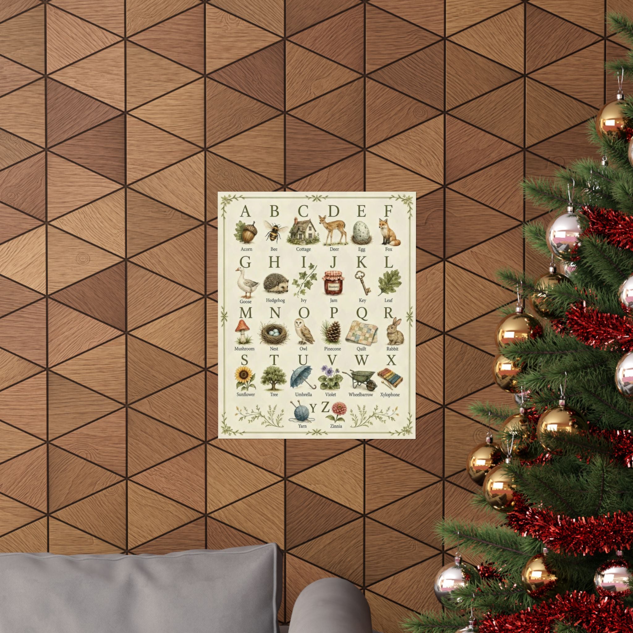 Vintage Alphabet Poster — Botanical & Woodland Animal ABC Matte Print