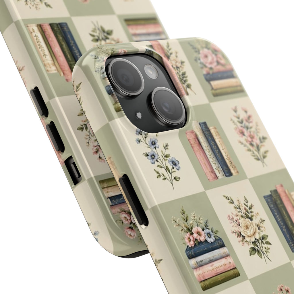 Floral Bookshelf Tough Phone Case — Vintage Floral & Stacked Books Pattern