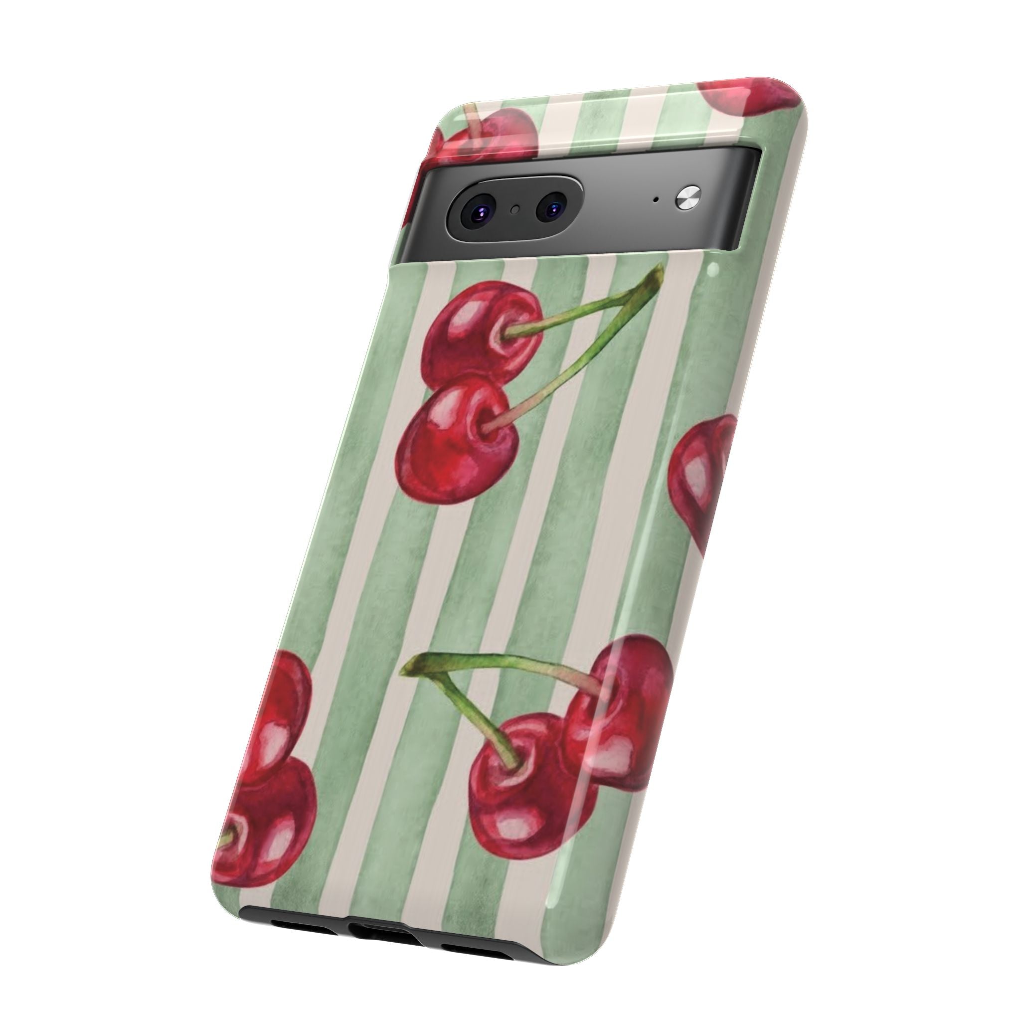 Cherry Stripe Phone Case – Retro Watercolor Cherries on Mint Stripes