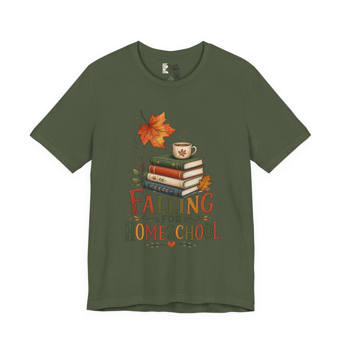 Fall Homeschool T‑Shirt – “Falling into Homeschool” Autumn Books & Coffee Tee