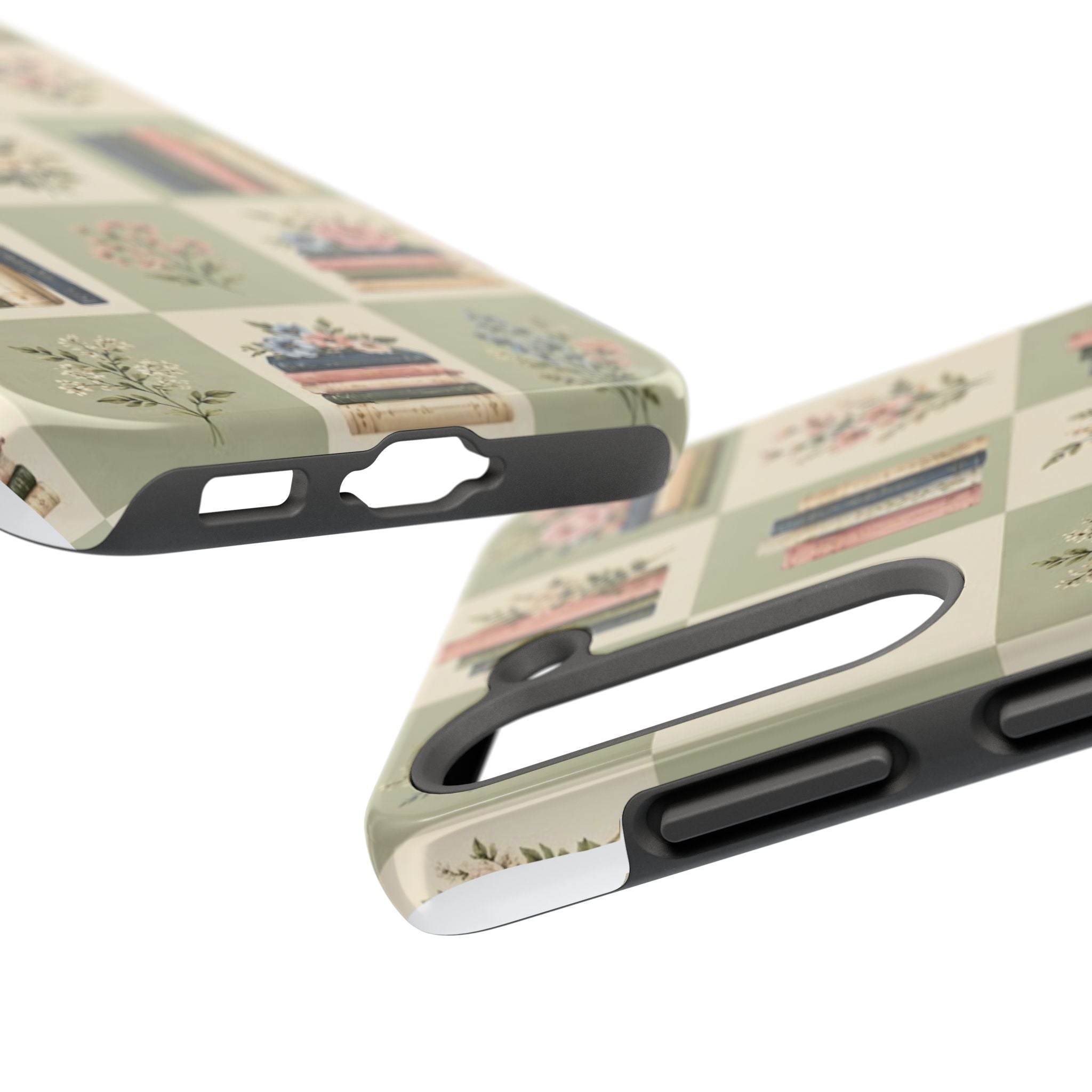 Floral Bookshelf Tough Phone Case — Vintage Floral & Stacked Books Pattern