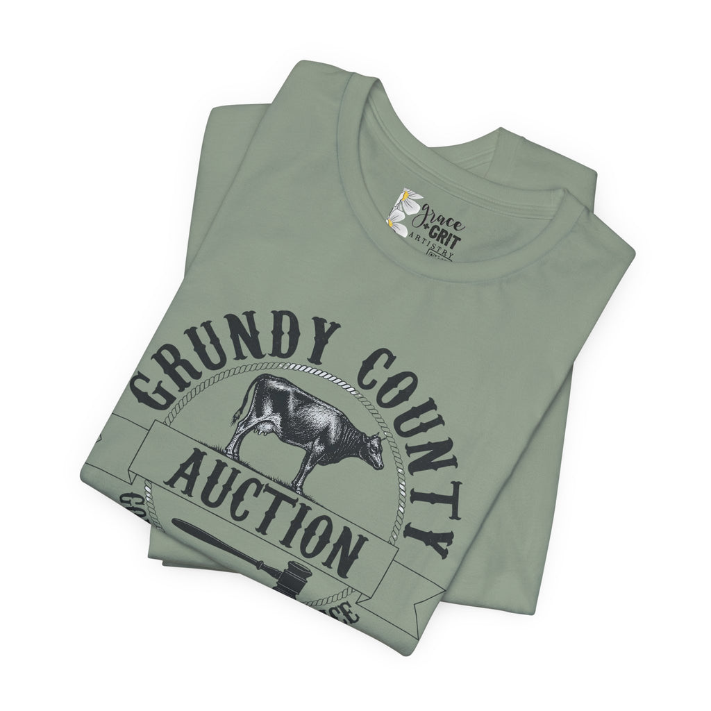 Grundy County Auction Tee — 'Going Once, Going Twice' Farm Livestock Graphic T‑Shirt