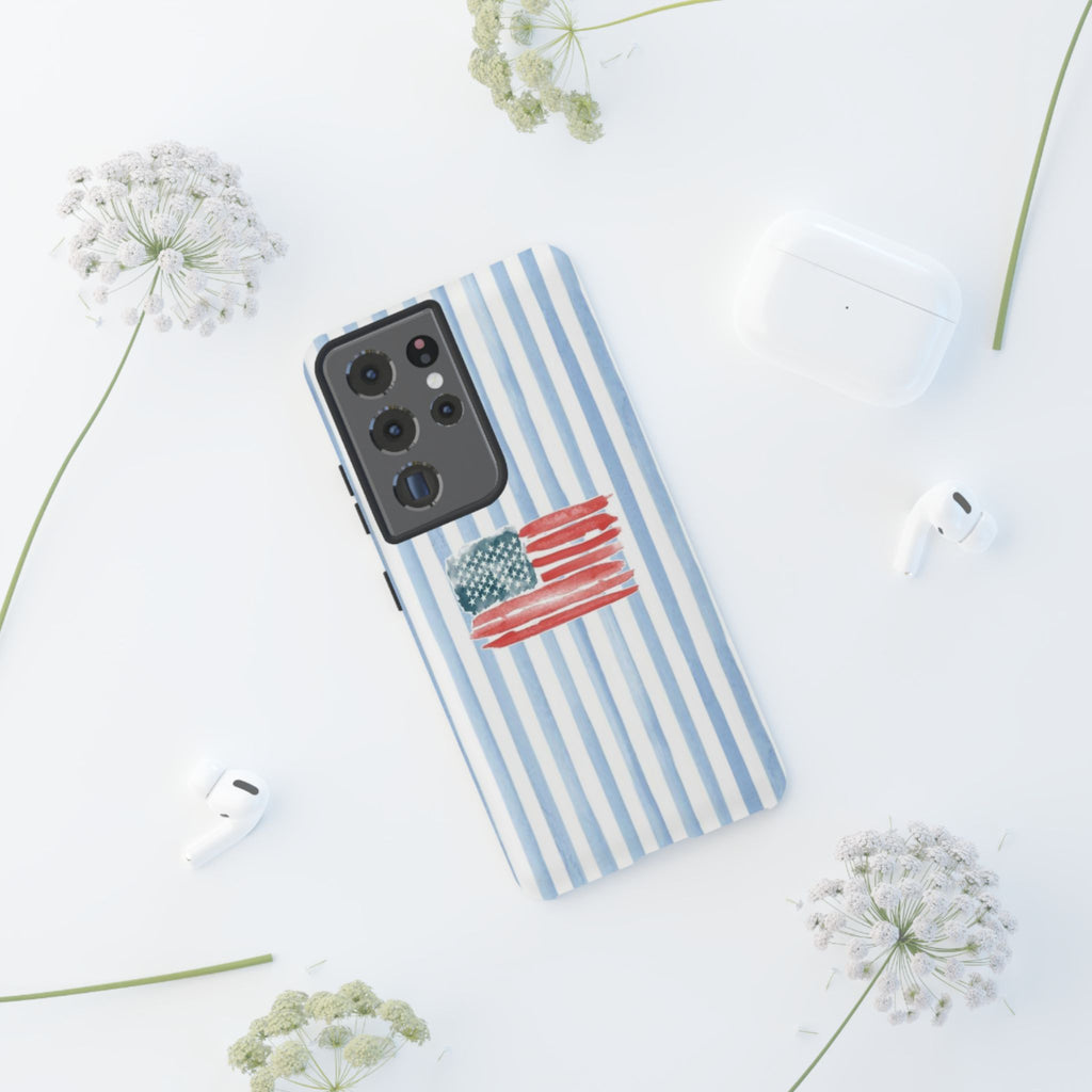 American Flag Watercolor Phone Case - Blue Stripe Tough Case