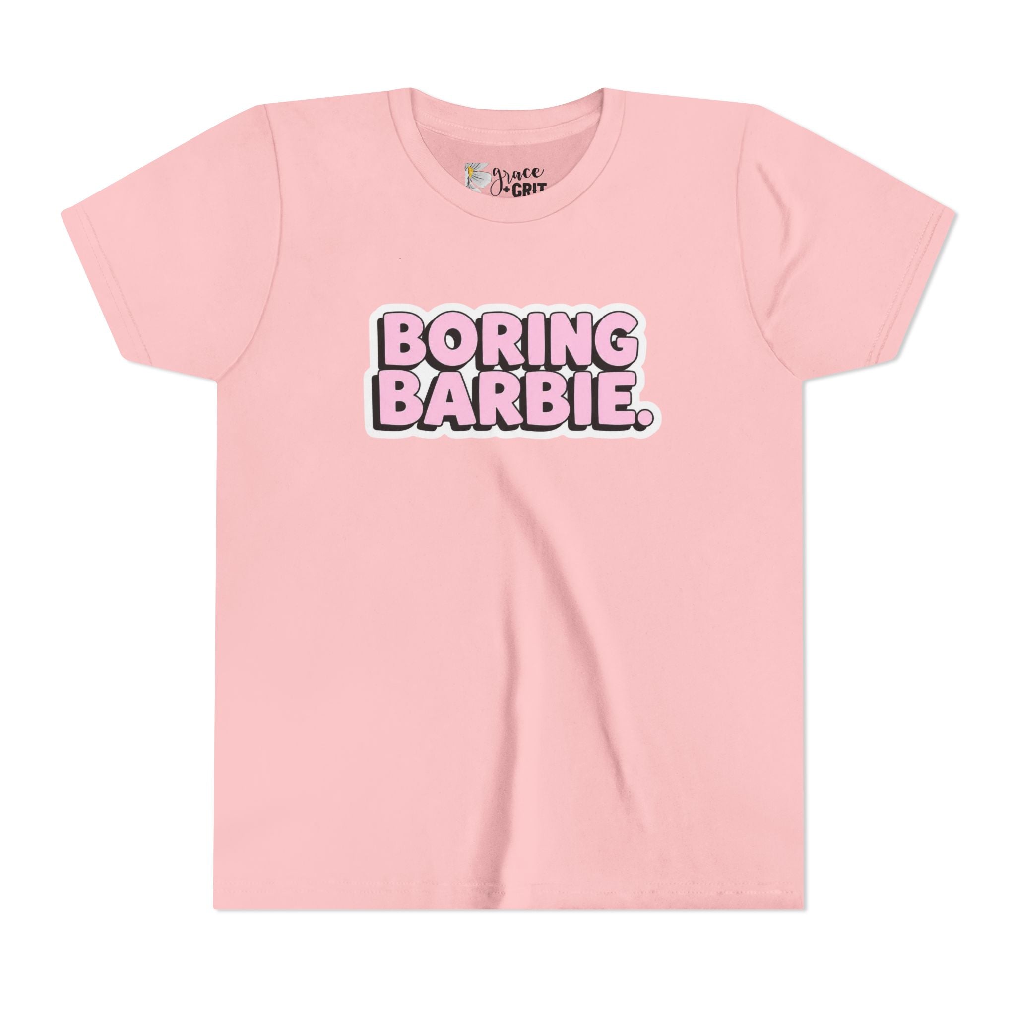Youth Tee — "Boring Barbie" Pink Bubble Letter Graphic