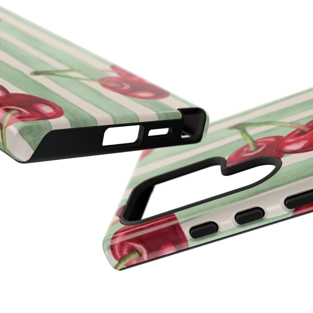 Cherry Stripe Phone Case – Retro Watercolor Cherries on Mint Stripes