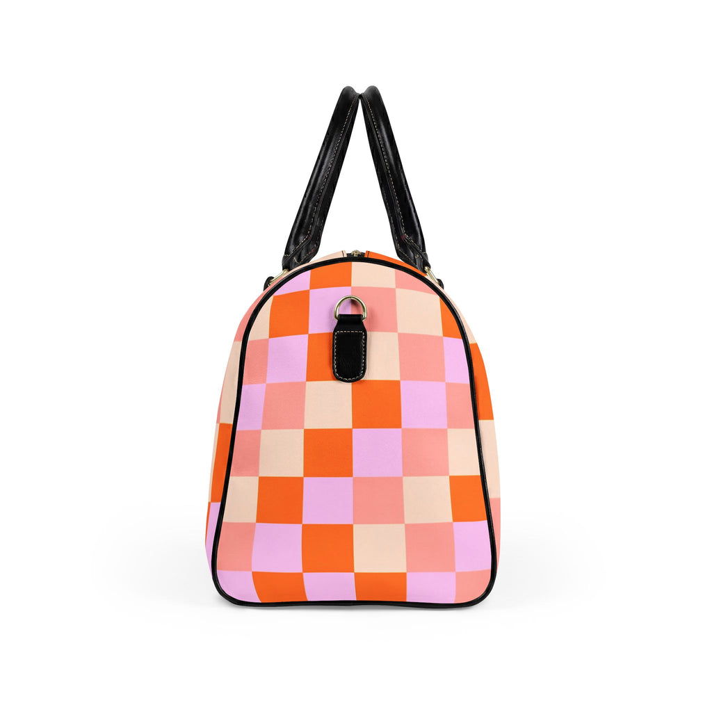 Pink Orange Checkerboard Faux Leather Travel Bag