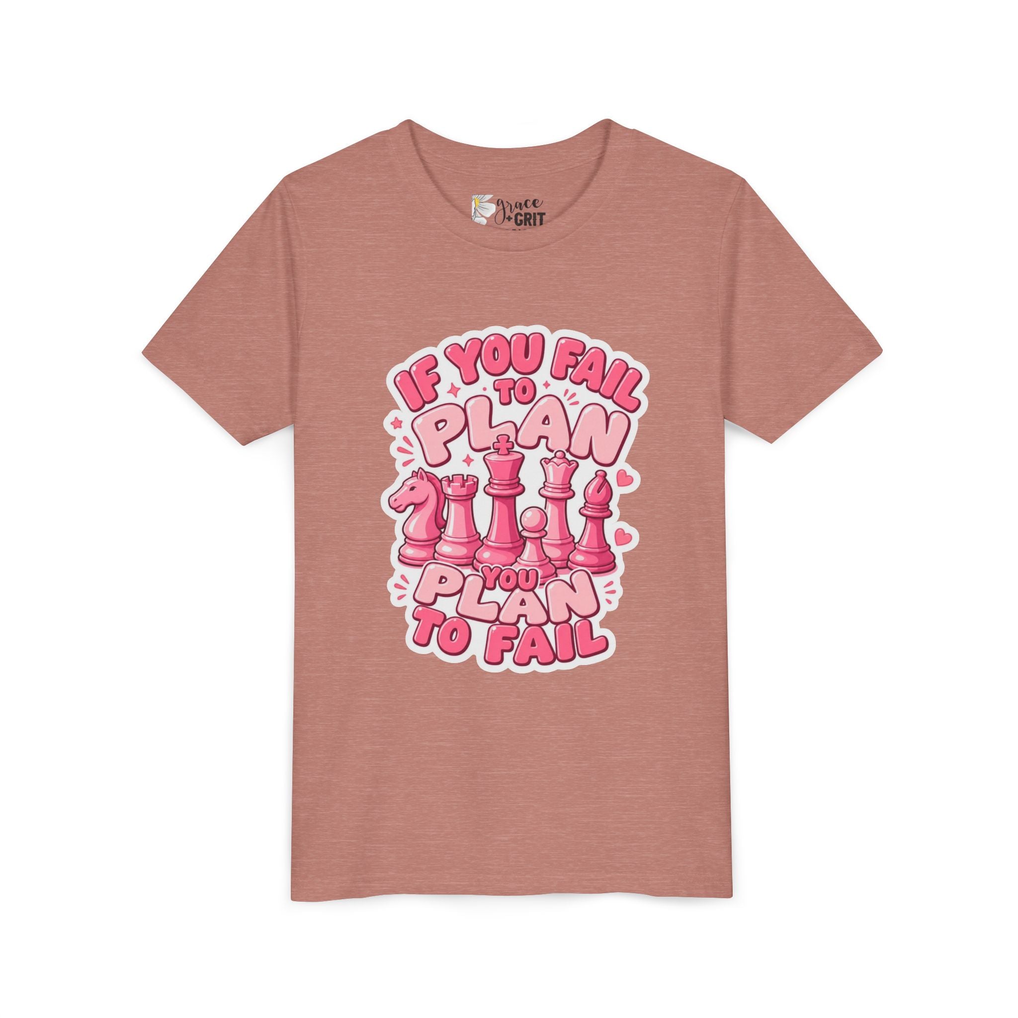 Youth Chess T‑Shirt — "If You Fail to Plan You Plan to Fail" Pink Chess Pieces Tee