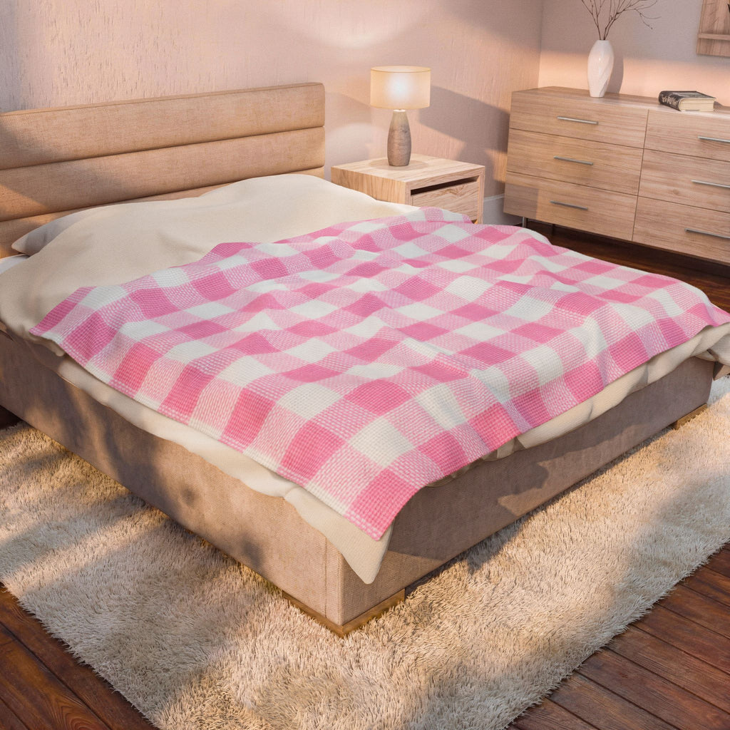 Pink Gingham Velveteen Plush Blanket — Soft Cozy Throw for Nursery, Baby Shower & Home