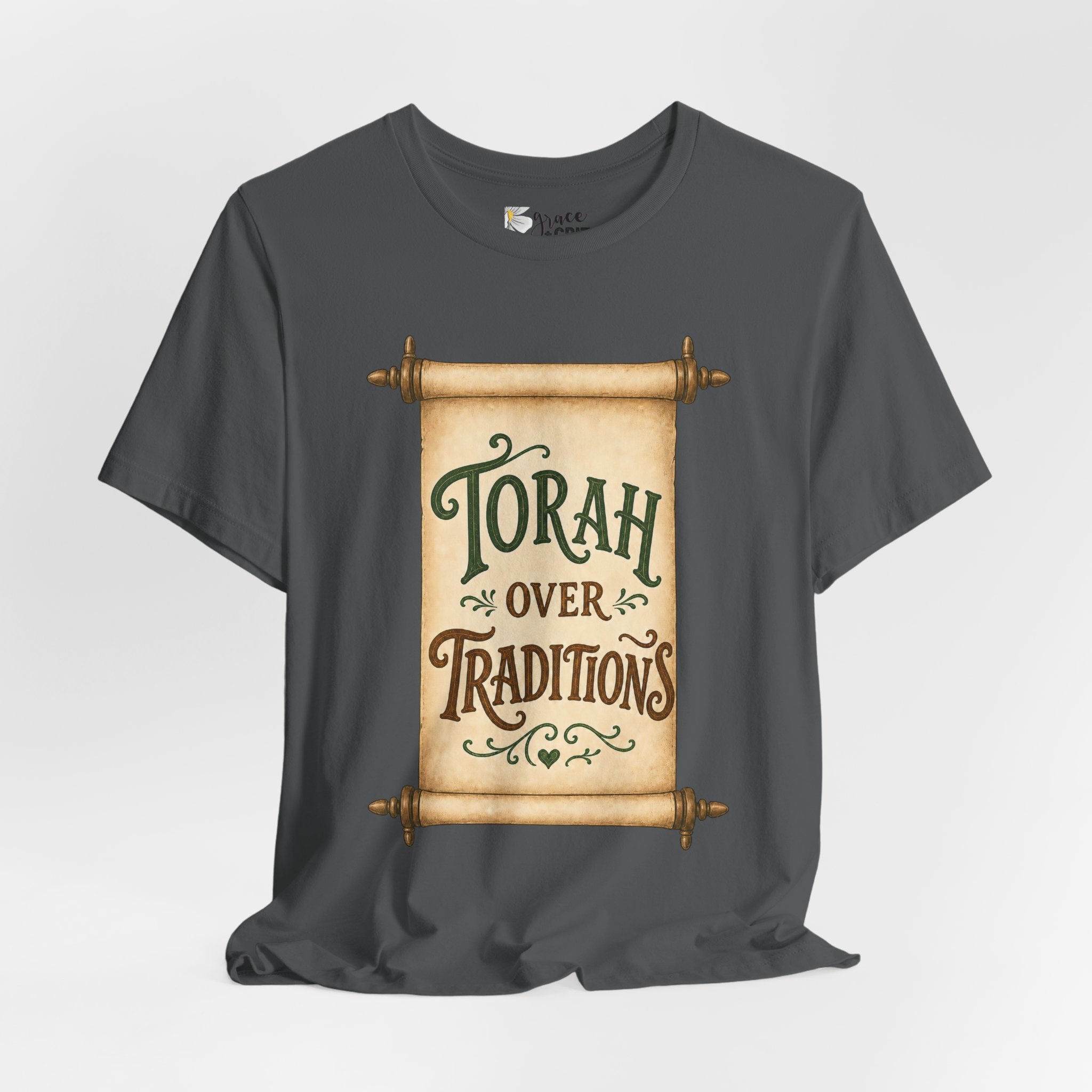 Torah Over Traditions Tee | Scroll Typography Jewish Faith Shirt
