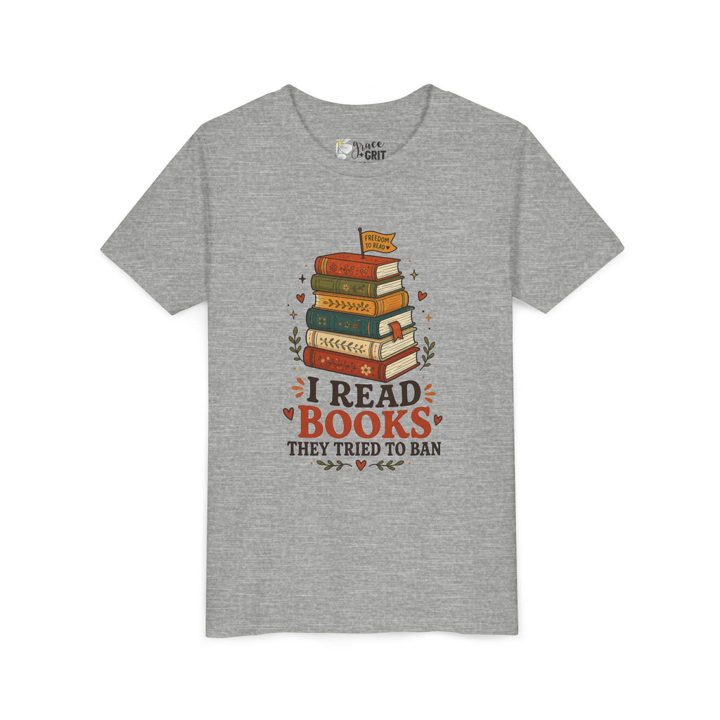 Youth Book Lover T‑Shirt — "I Read Books They Tried To Ban" Stack Graphic