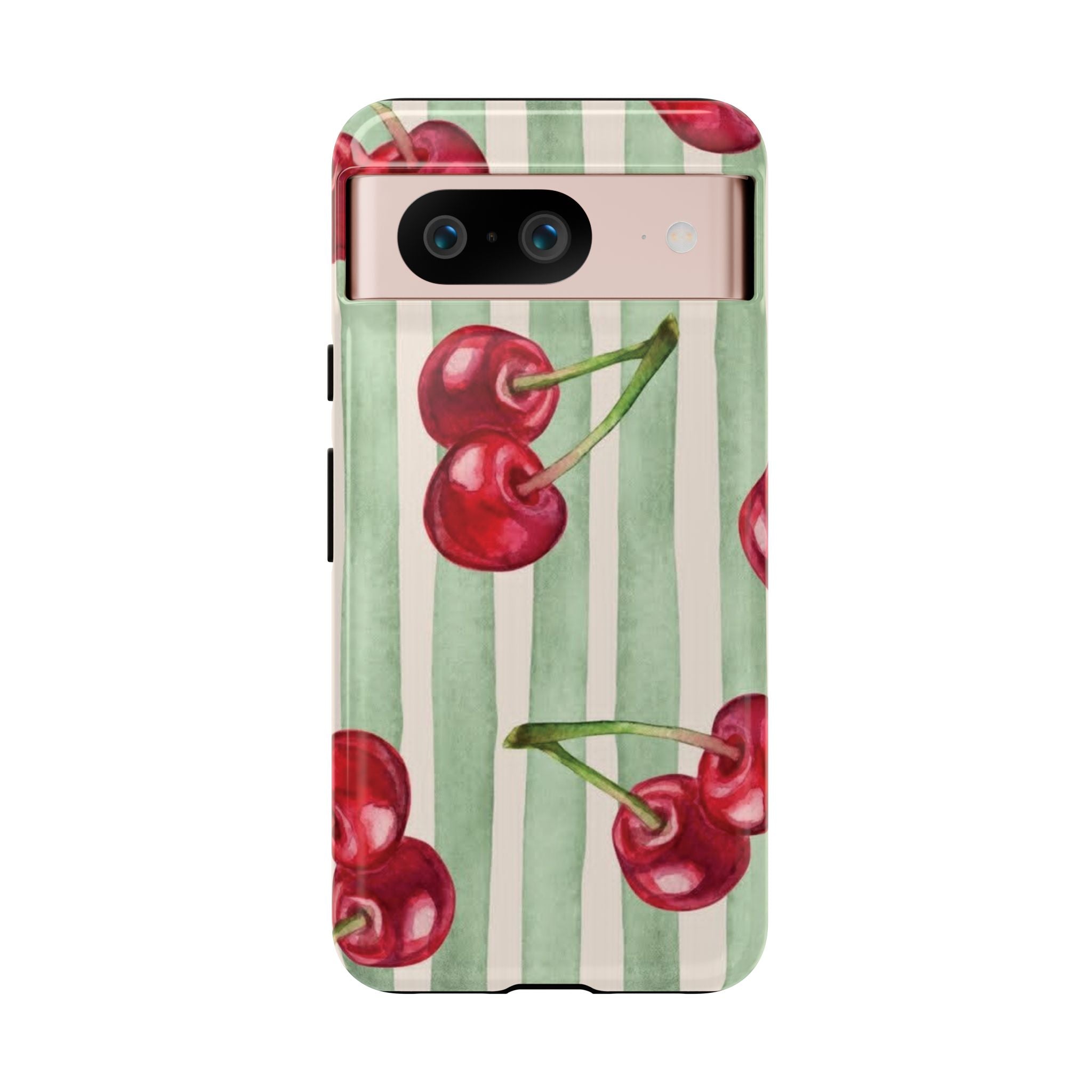 Cherry Stripe Phone Case – Retro Watercolor Cherries on Mint Stripes