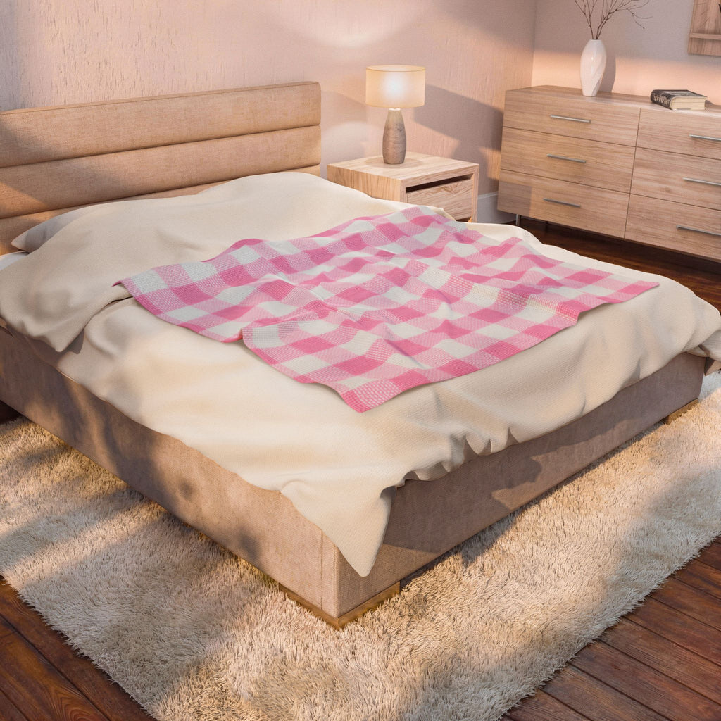 Pink Gingham Velveteen Plush Blanket — Soft Cozy Throw for Nursery, Baby Shower & Home