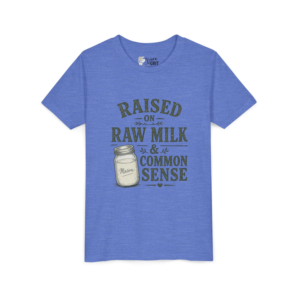 Youth Tee — "Raised on Raw Milk & Common Sense" Vintage Farm Kid Shirt