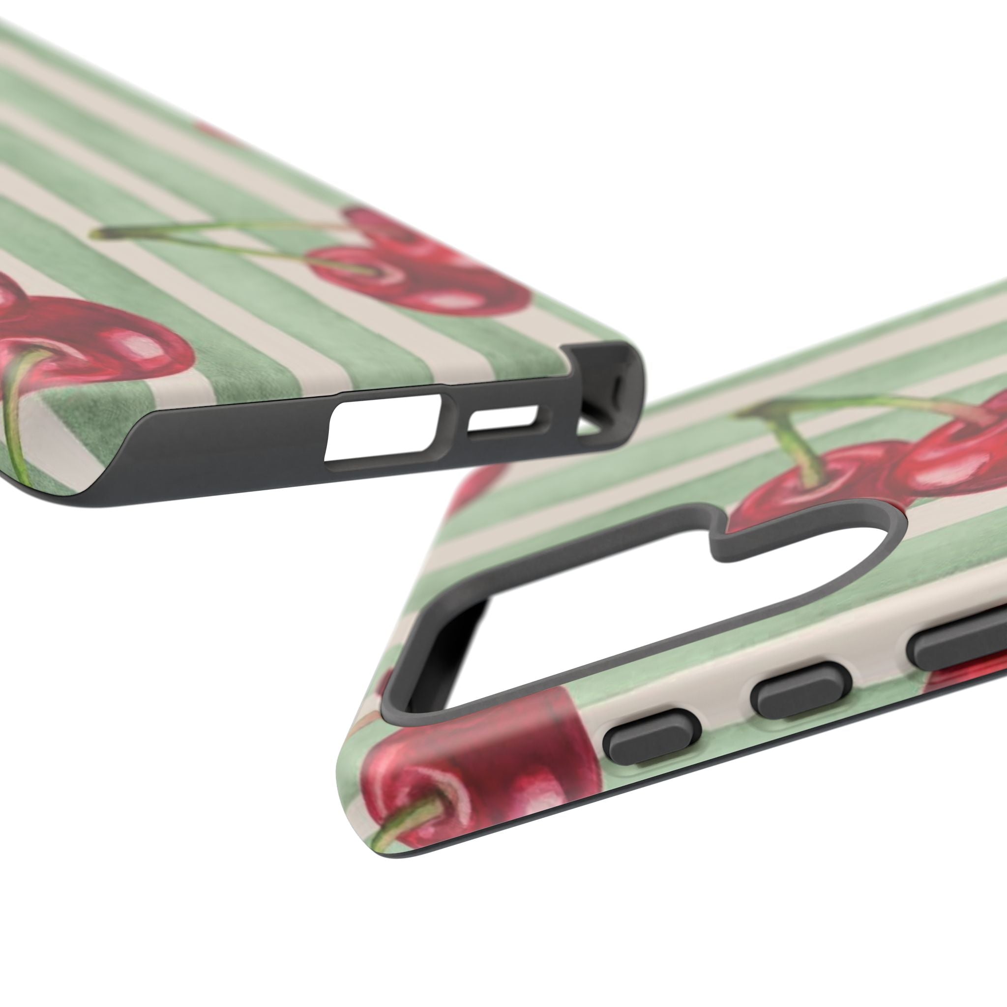 Cherry Stripe Phone Case – Retro Watercolor Cherries on Mint Stripes