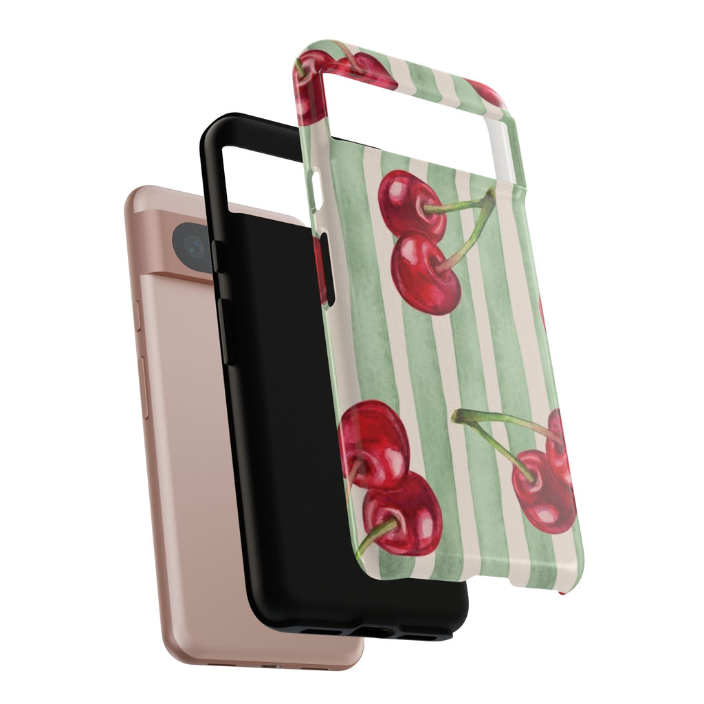 Cherry Stripe Phone Case – Retro Watercolor Cherries on Mint Stripes