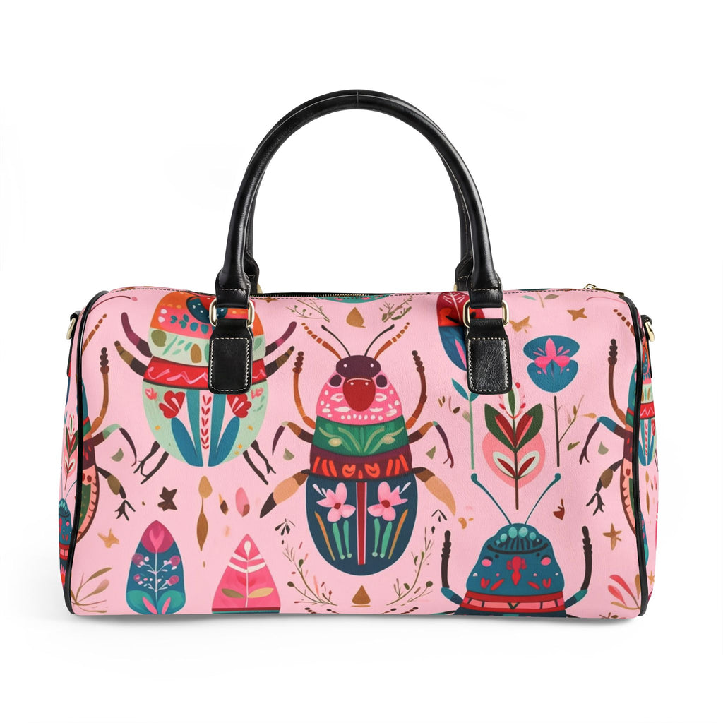 Faux Leather Travel Bag – Colorful Beetle & Botanical Print Weekender