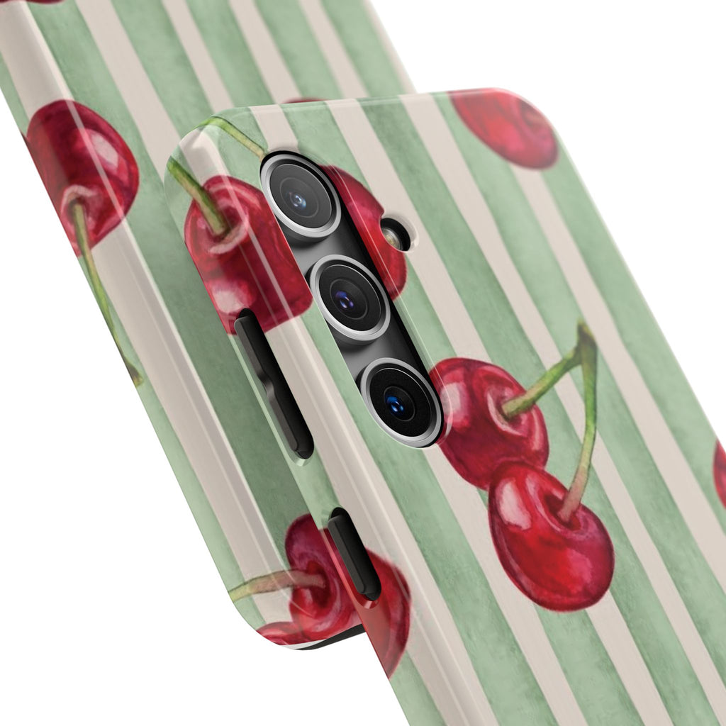 Cherry Stripe Tough Phone Case — Retro Watercolor Cherry Pattern Durable Phone Case