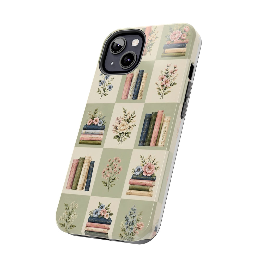 Floral Bookshelf Tough Phone Case — Vintage Floral & Stacked Books Pattern