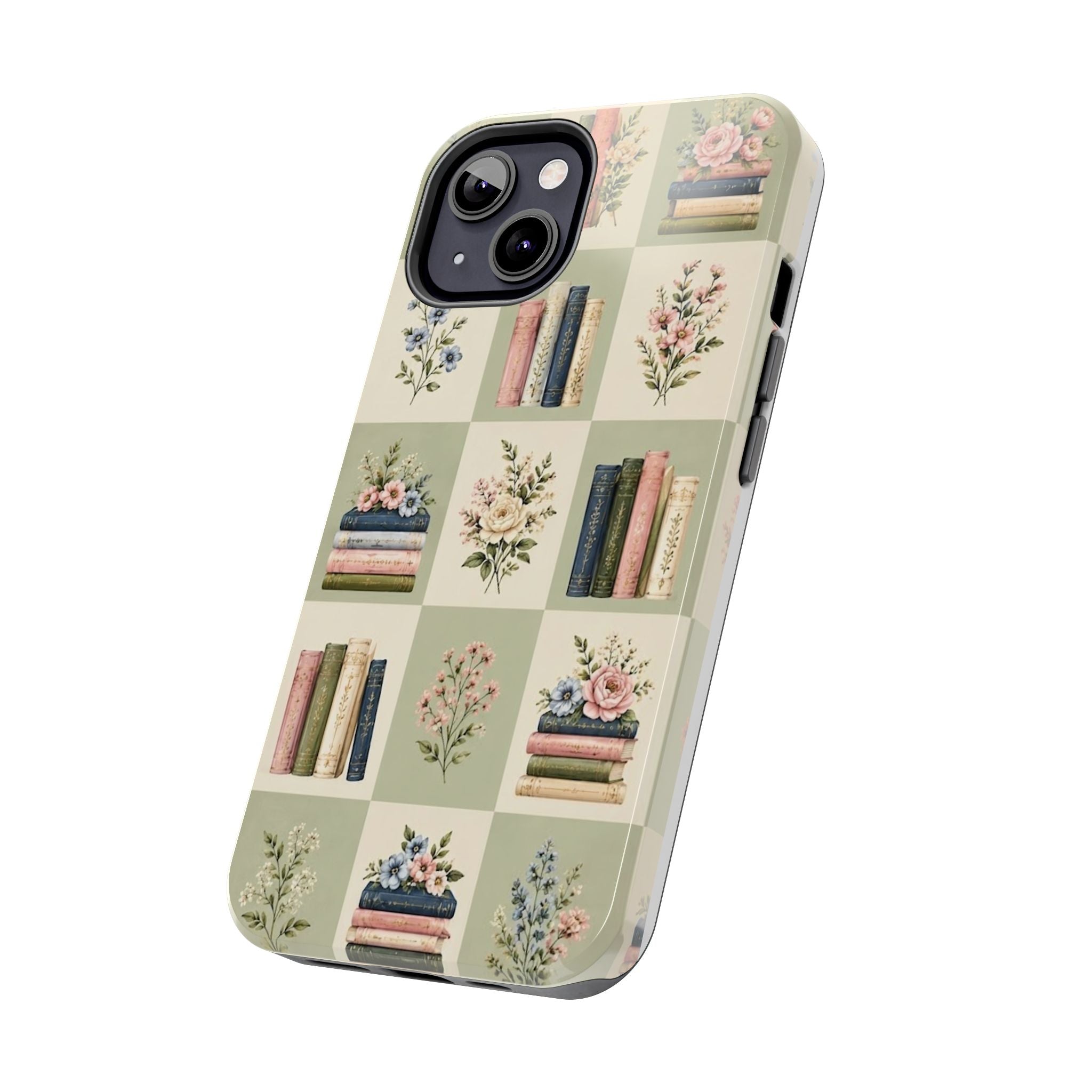 Floral Bookshelf Tough Phone Case — Vintage Floral & Stacked Books Pattern
