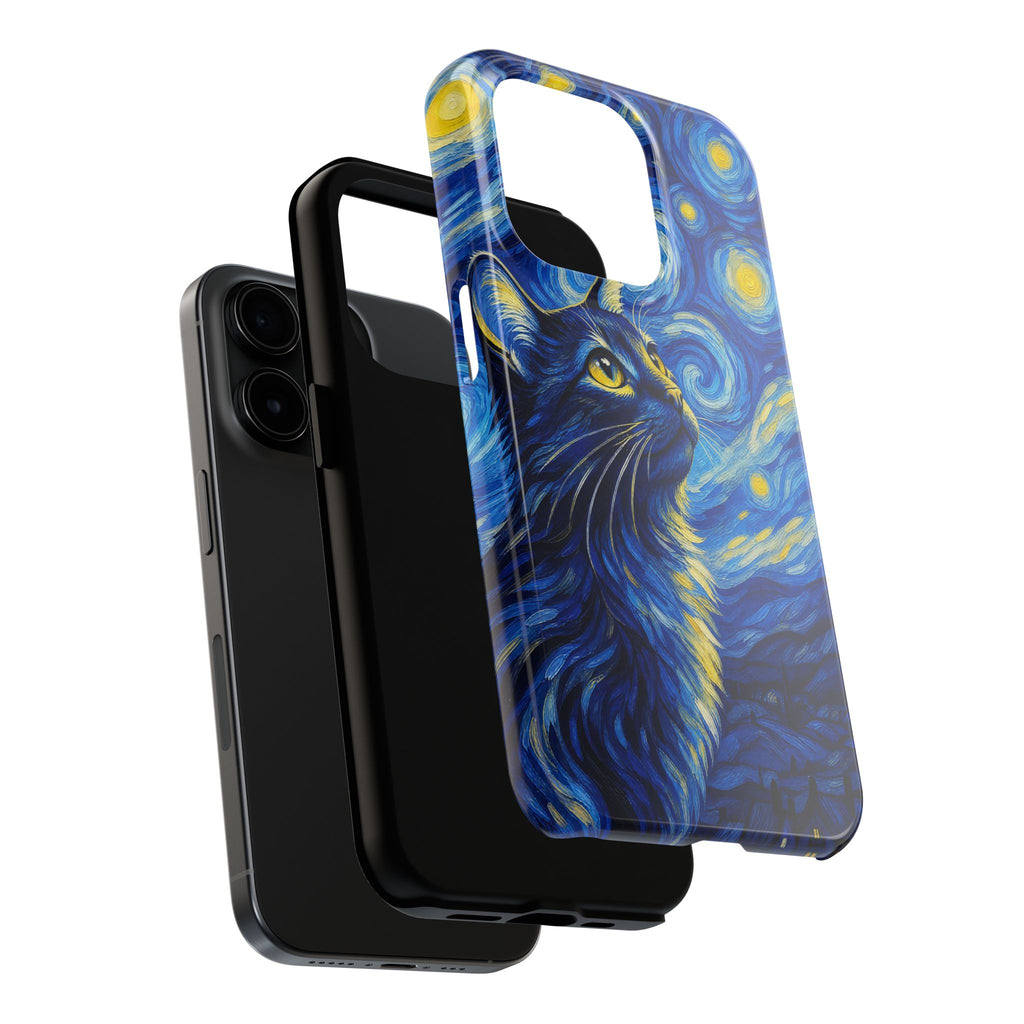 Starry Night Cat Tough Phone Case — Van Gogh Style Galaxy Kitten Protective Cover