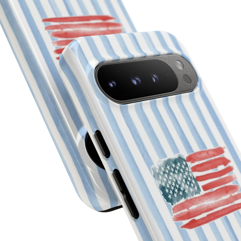 American Flag Watercolor Phone Case - Blue Stripe Tough Case