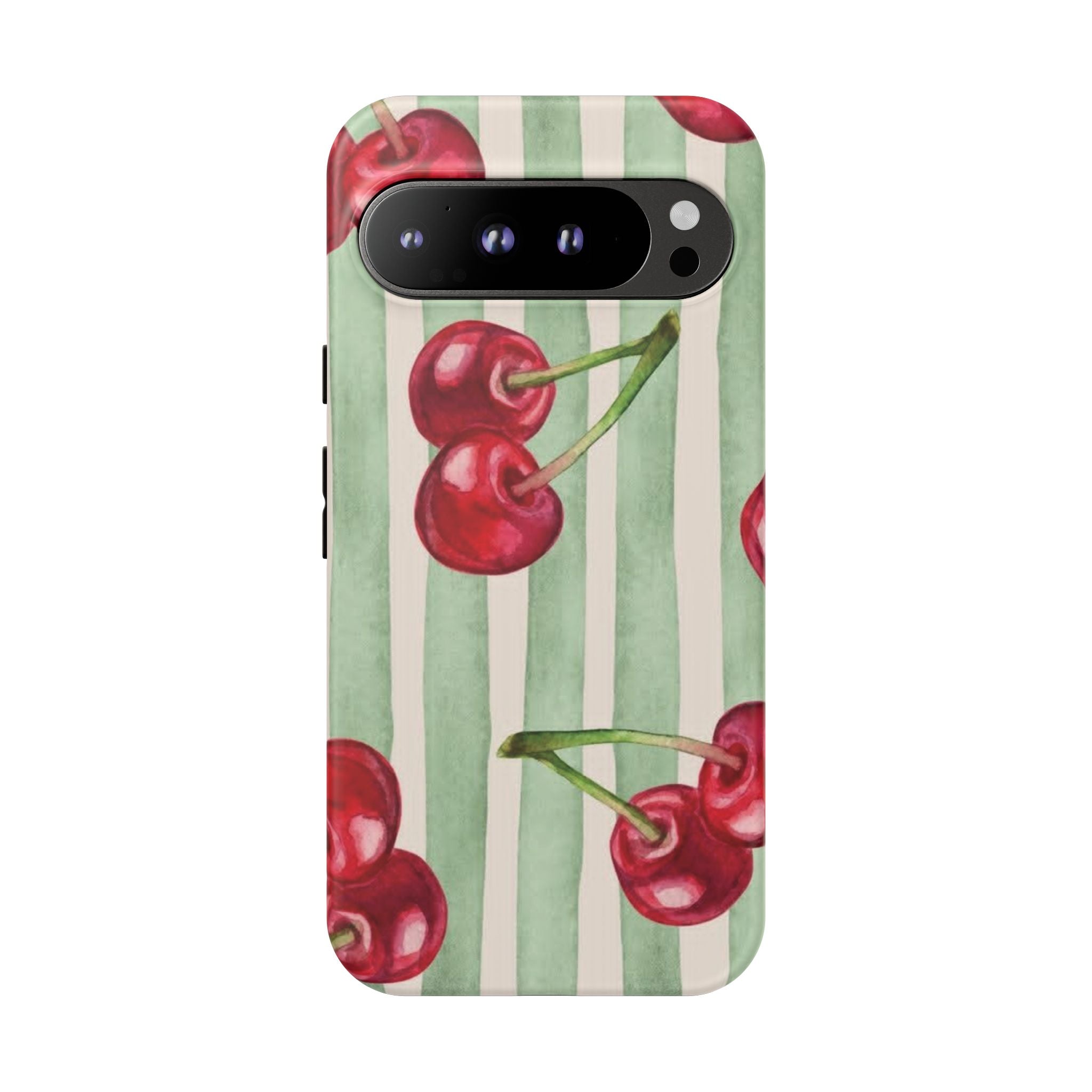 Cherry Stripe Phone Case – Retro Watercolor Cherries on Mint Stripes