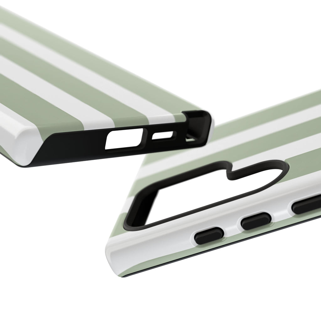 Striped Sage Tough Phone Case — Durable Green & White Vertical Stripe Phone Cover