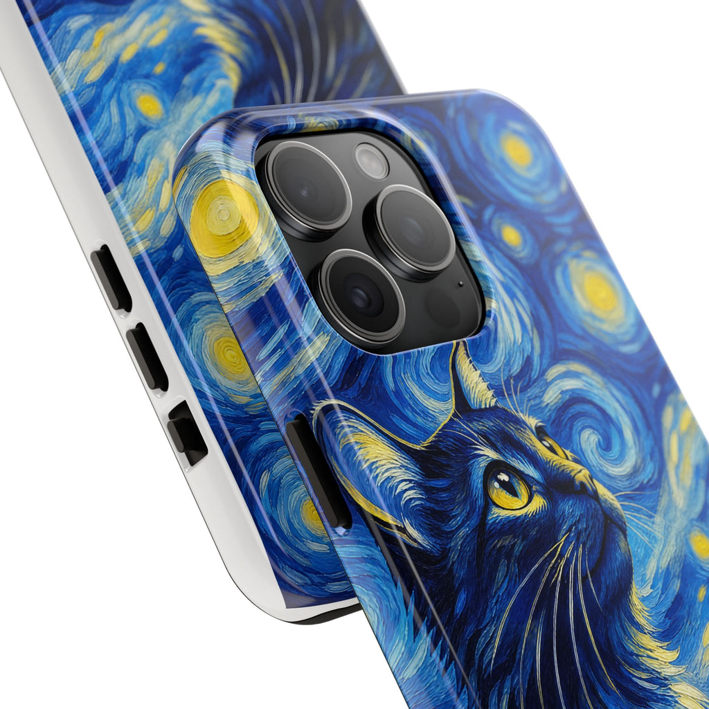 Starry Night Cat Tough Phone Case — Van Gogh Style Galaxy Kitten Protective Cover
