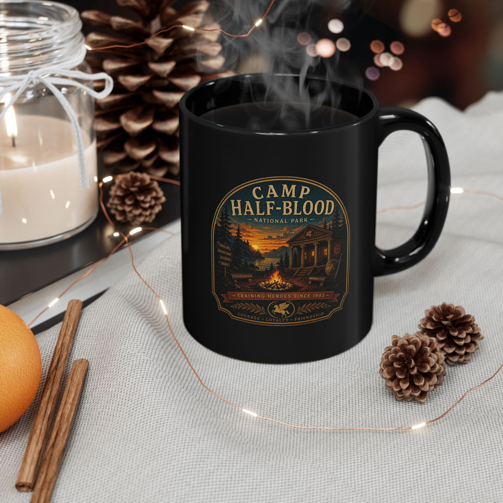 Camp Half-Blood Black Mug — Mythical Cabin & Campfire Coffee Cup (11oz/15oz)