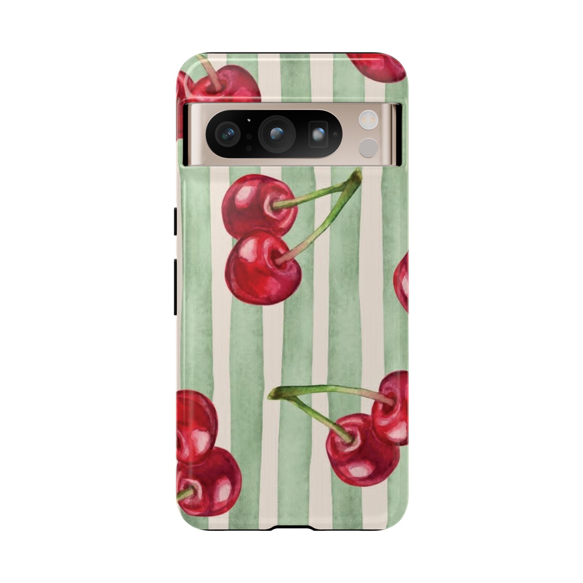 Cherry Stripe Phone Case – Retro Watercolor Cherries on Mint Stripes