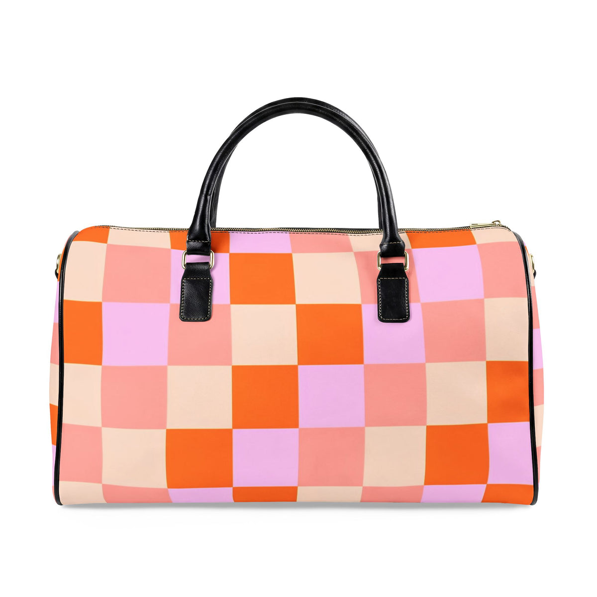 Pink Orange Checkerboard Faux Leather Travel Bag