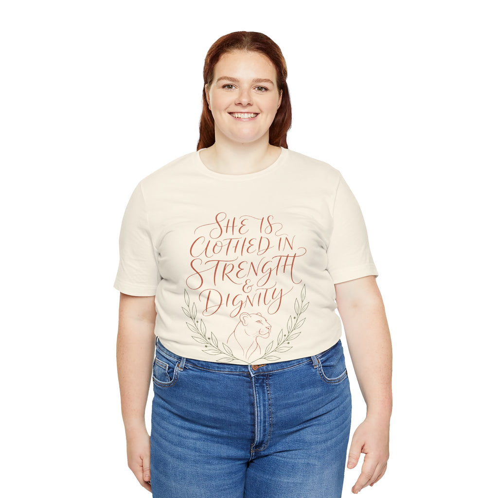 She Is Clothed in Strength & Dignity Tee — Inspirational Christian Women's Graphic T-Shirt