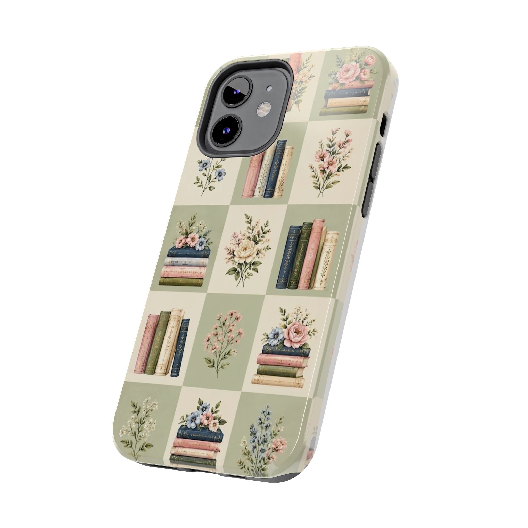 Floral Bookshelf Tough Phone Case — Vintage Floral & Stacked Books Pattern
