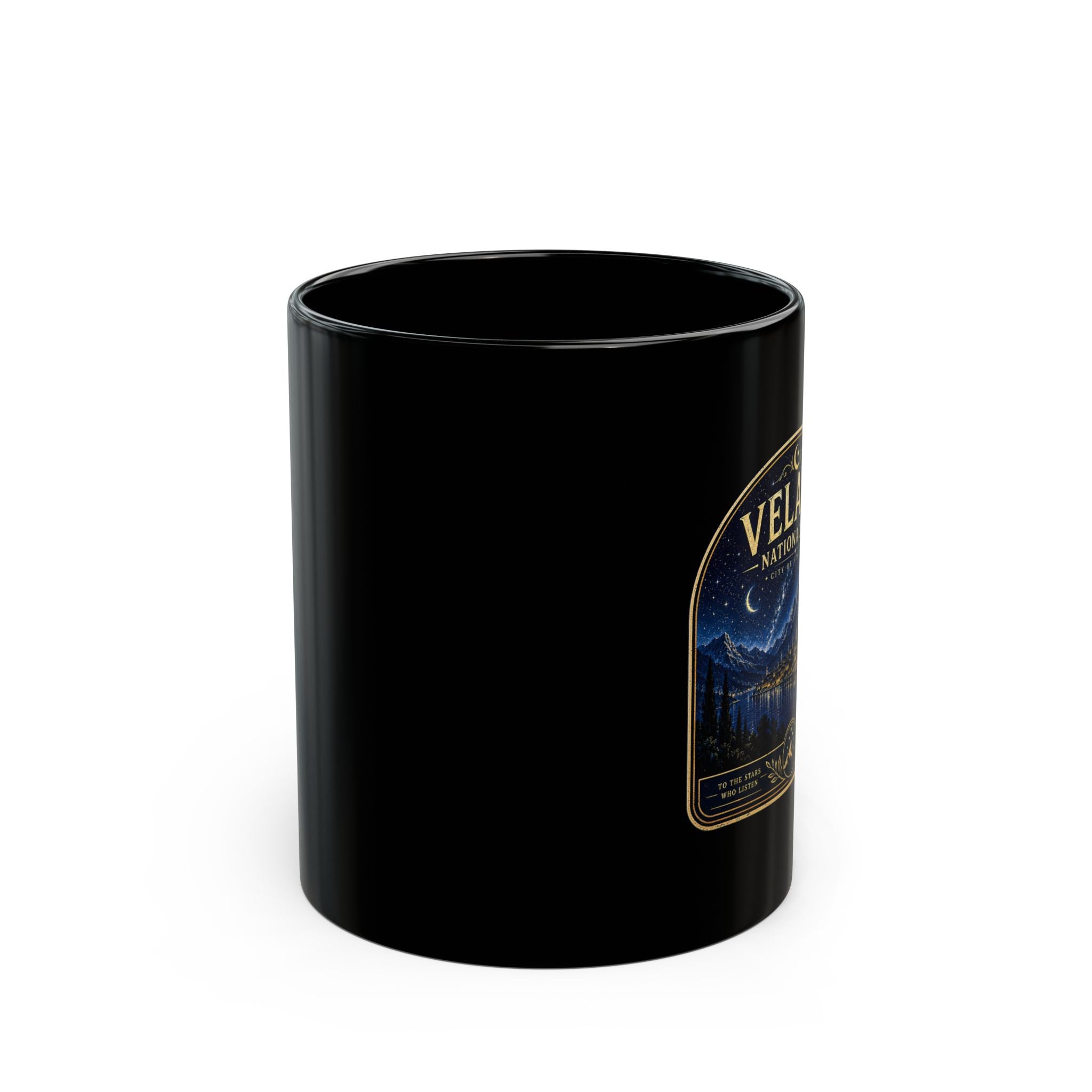 Velaris National Park Mug — Black Coffee Cup with Night Sky Cityscape