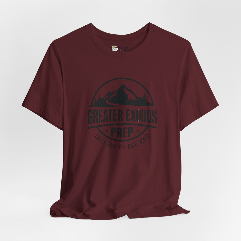 Greater Exodus Prep T-Shirt — Mountain Logo “Endure to the End” Adventure Tee