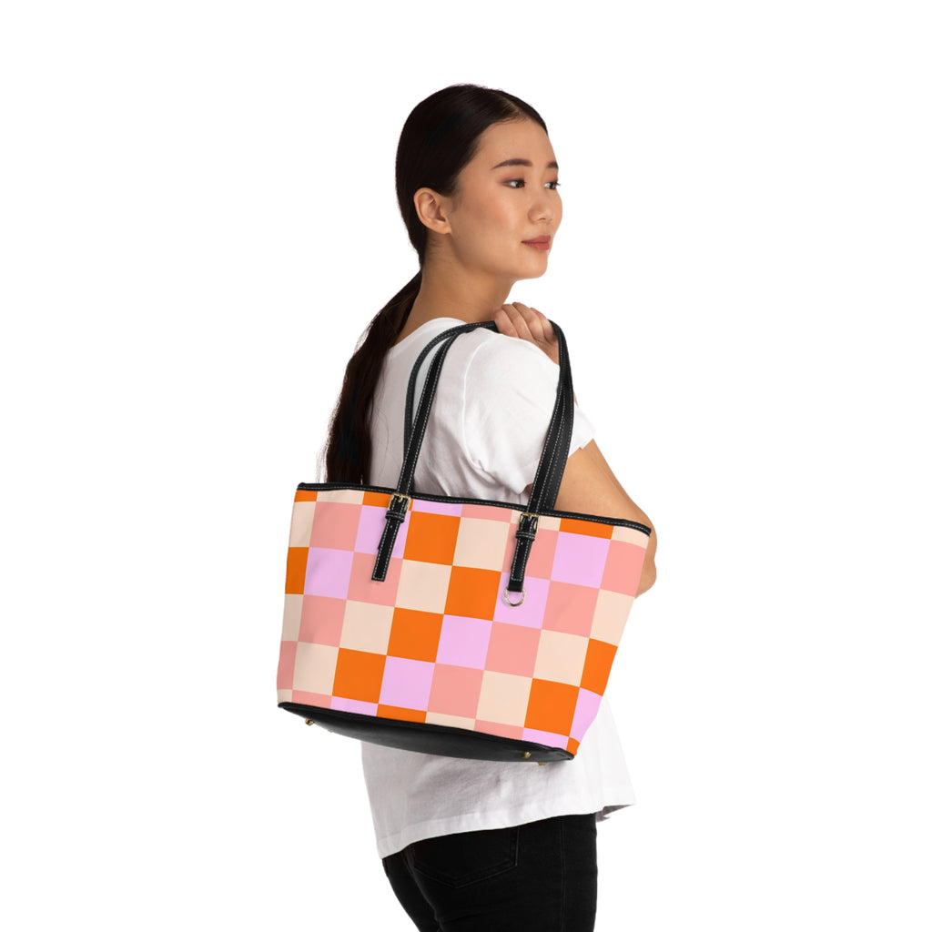 Pink and Orange Checkerboard PU Leather Shoulder Bag