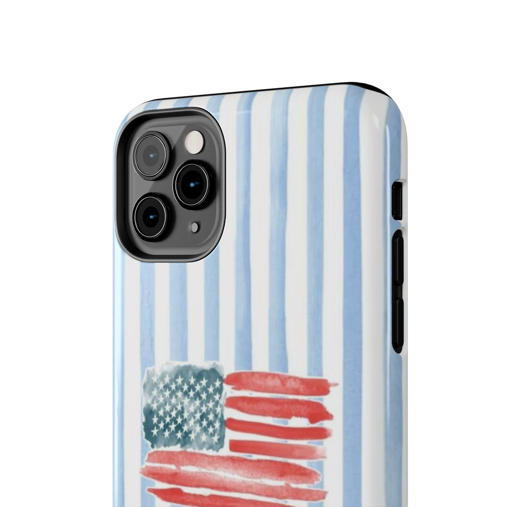 American Flag Watercolor Tough Phone Case — Blue Striped Patriotic Phone Case