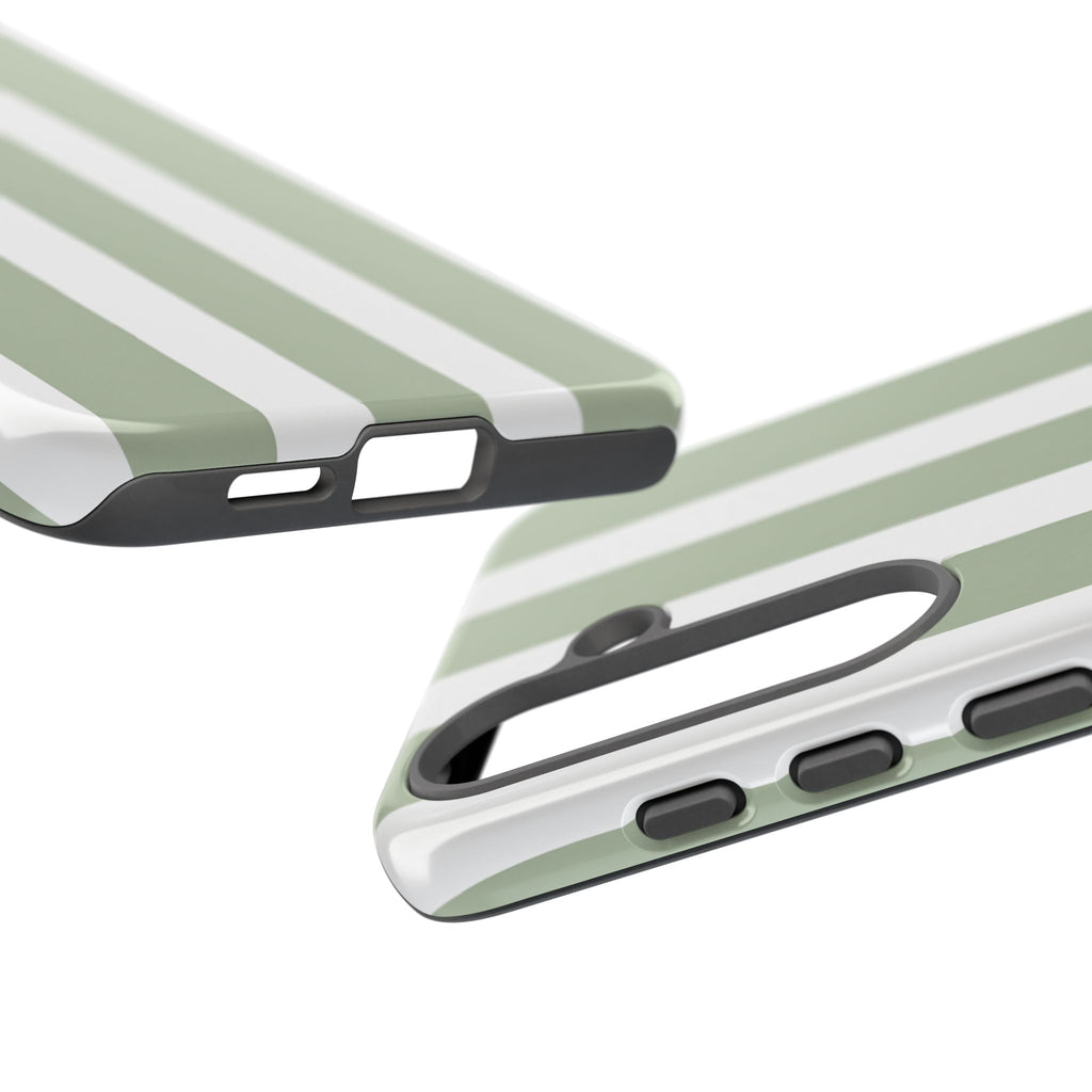 Striped Sage Tough Phone Case — Durable Green & White Vertical Stripe Phone Cover