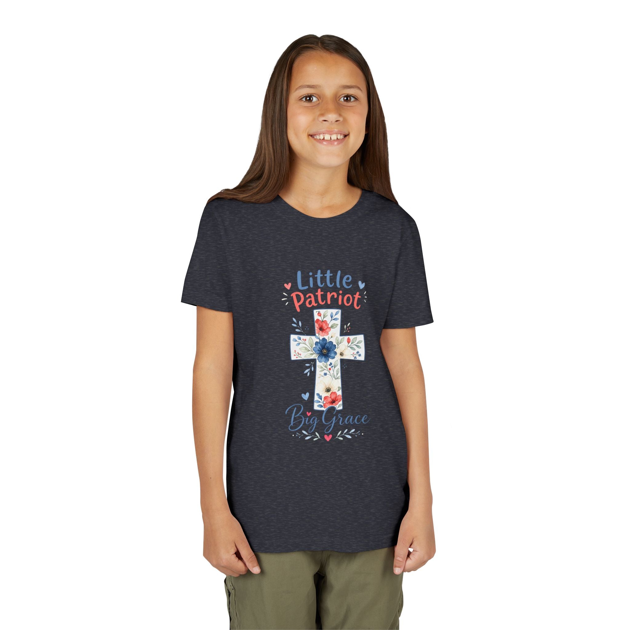 Little Patriot Big Grace Youth Tee — Floral Cross Christian Kids Shirt