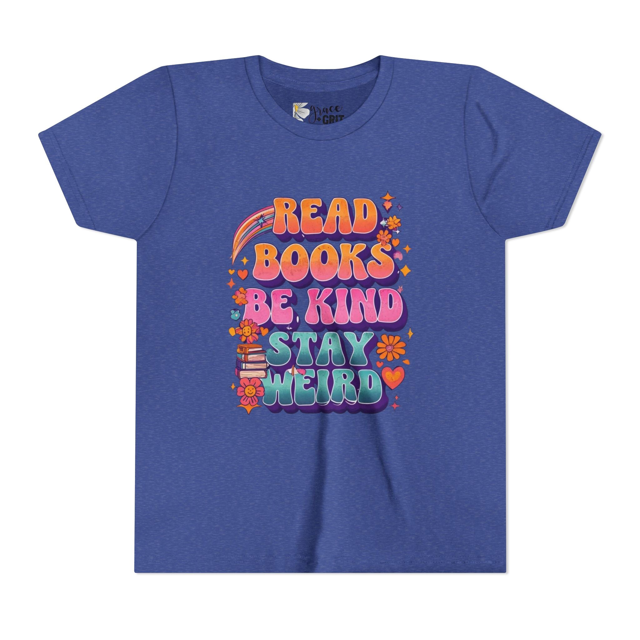 Youth Tee — "Read Books Be Kind Stay Weird" Retro Kids Graphic Shirt