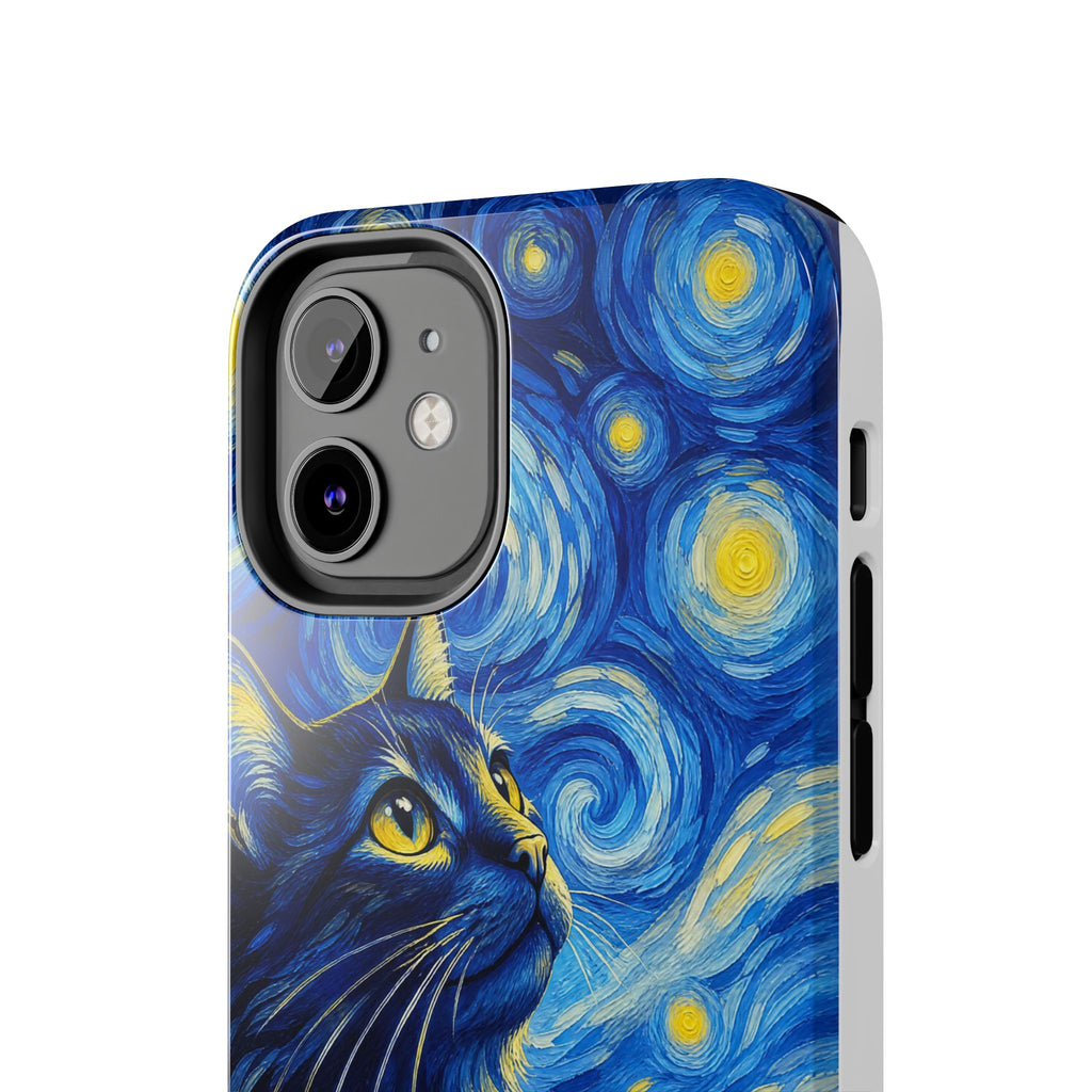 Starry Night Cat Tough Phone Case — Van Gogh Style Galaxy Kitten Protective Cover