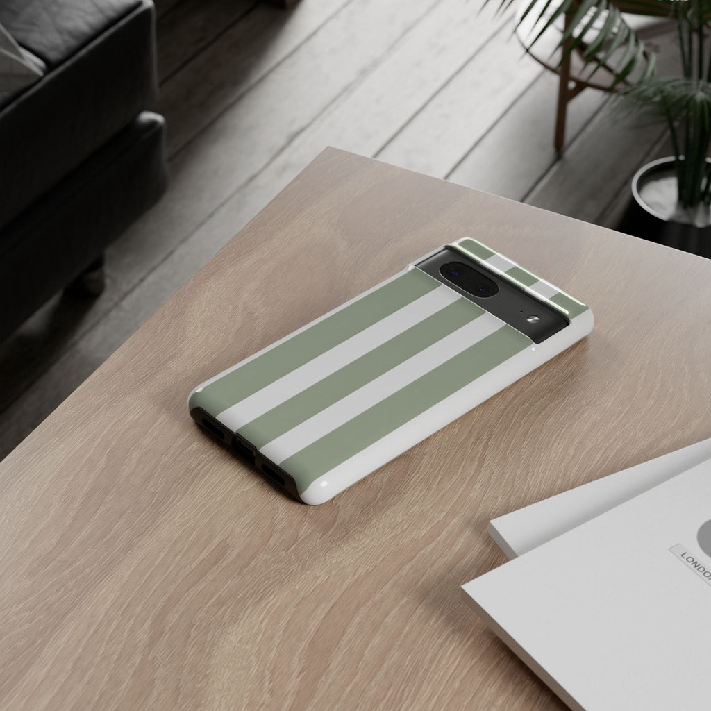Striped Sage Tough Phone Case — Durable Green & White Vertical Stripe Phone Cover