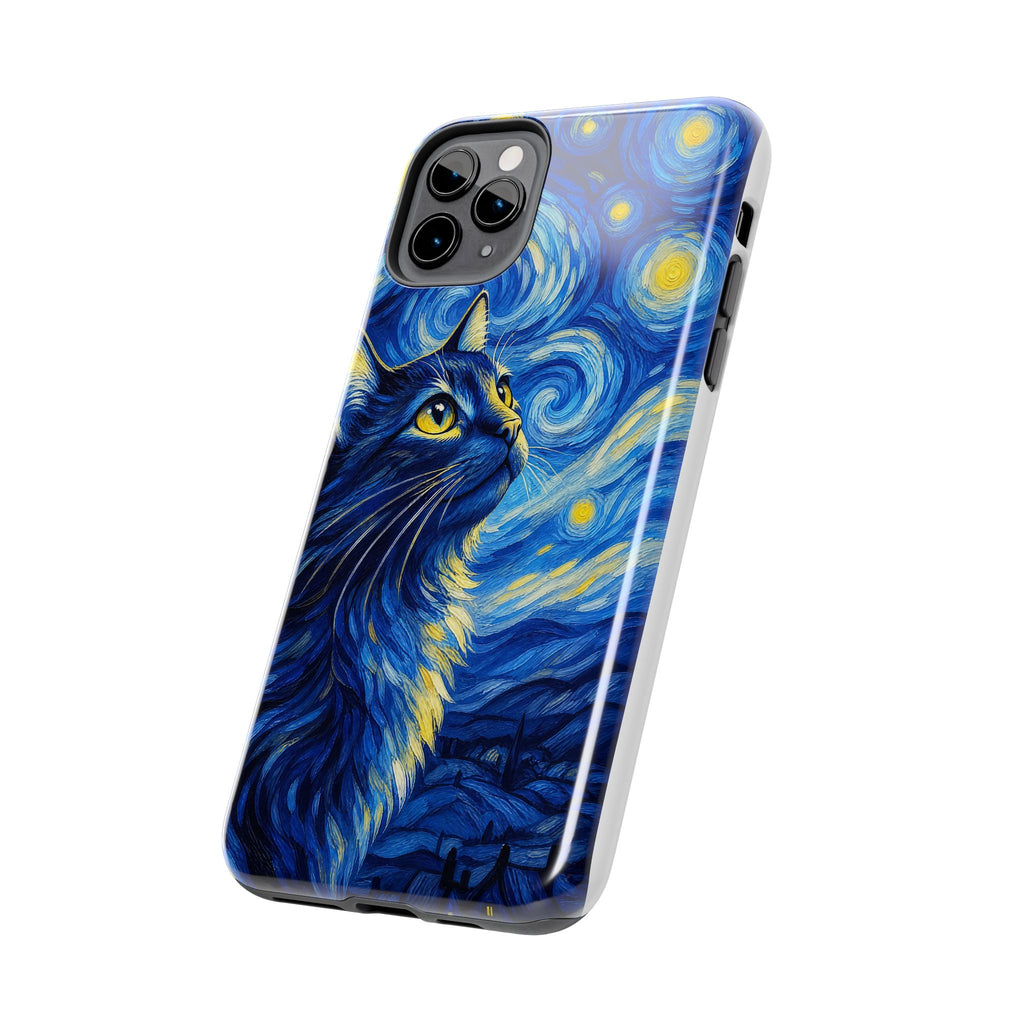 Starry Night Cat Tough Phone Case — Van Gogh Style Galaxy Kitten Protective Cover
