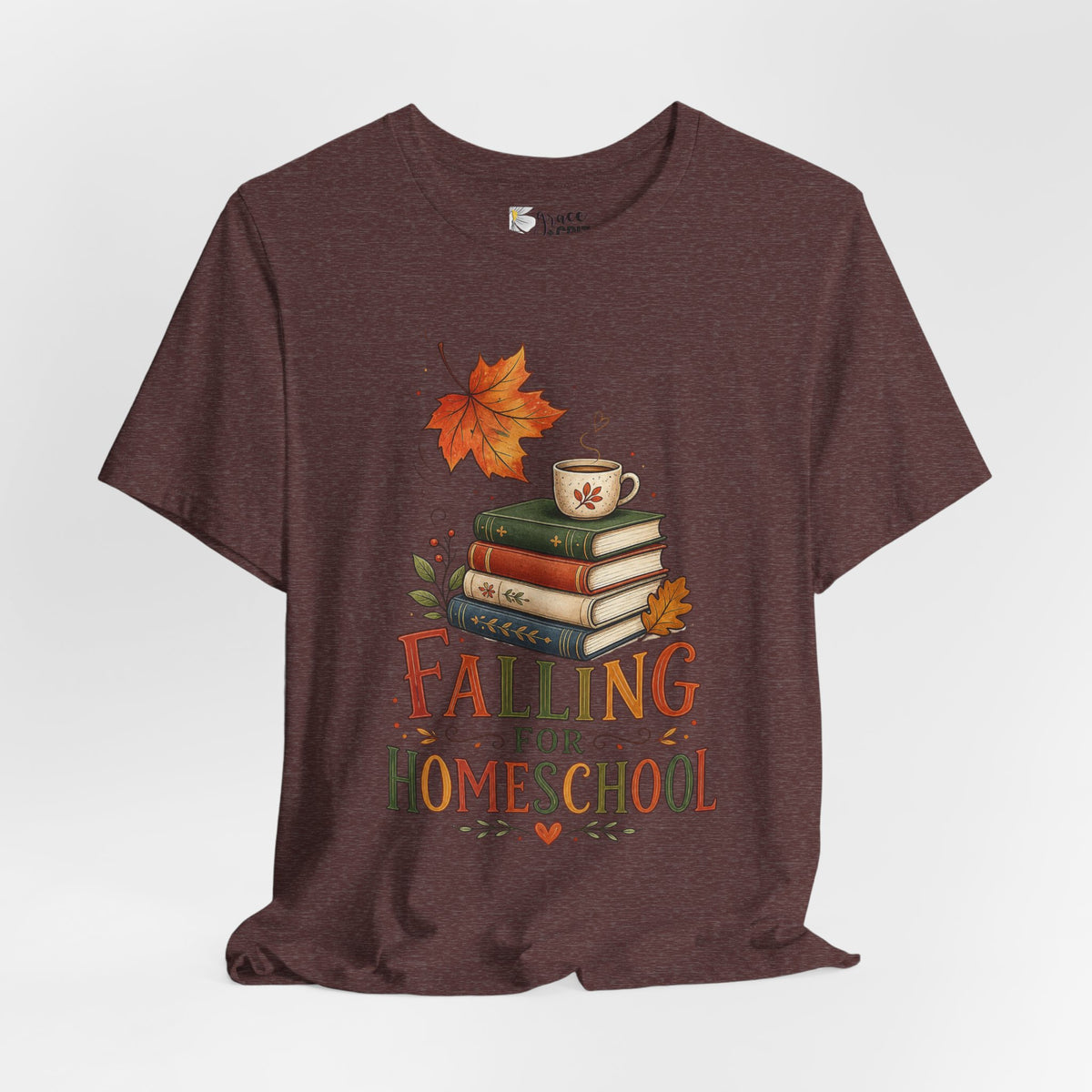 Fall Homeschool T‑Shirt – “Falling into Homeschool” Autumn Books & Coffee Tee