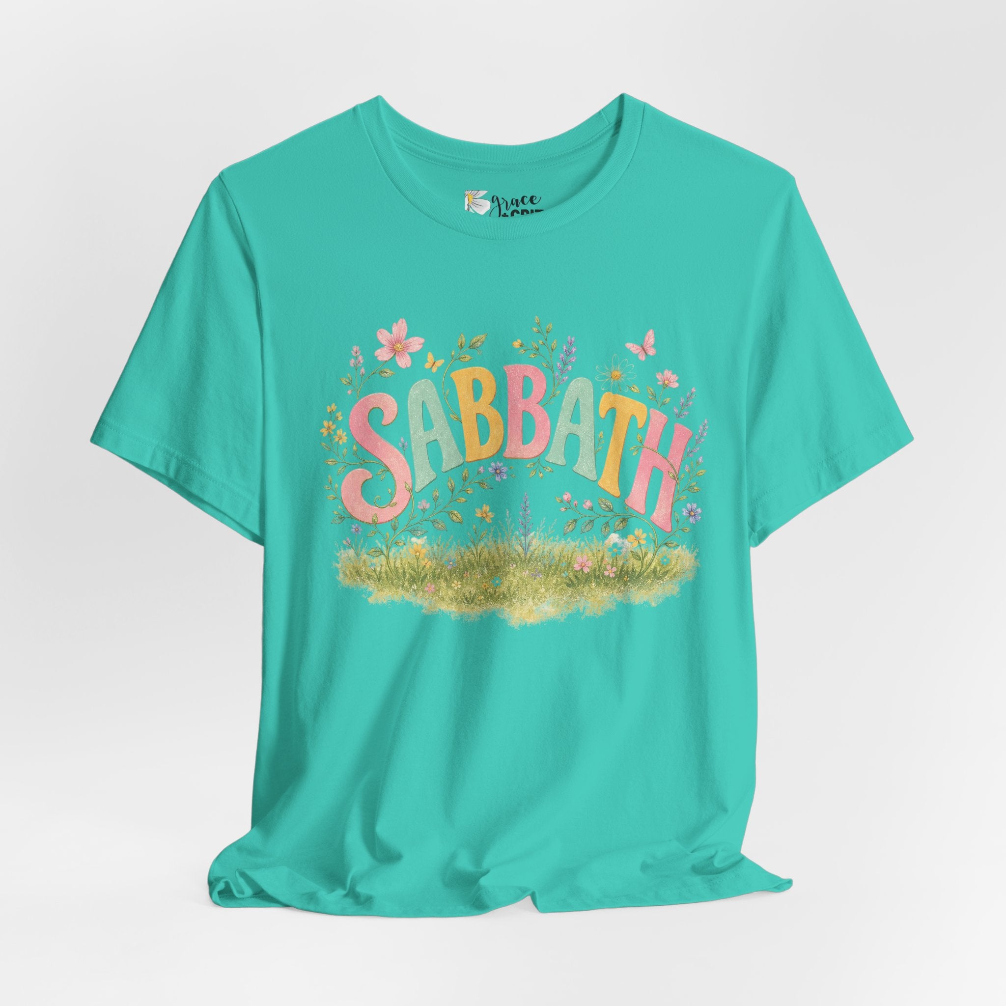 Sabbath Floral Script Tee | Pastel Flowers, Meadow Illustration