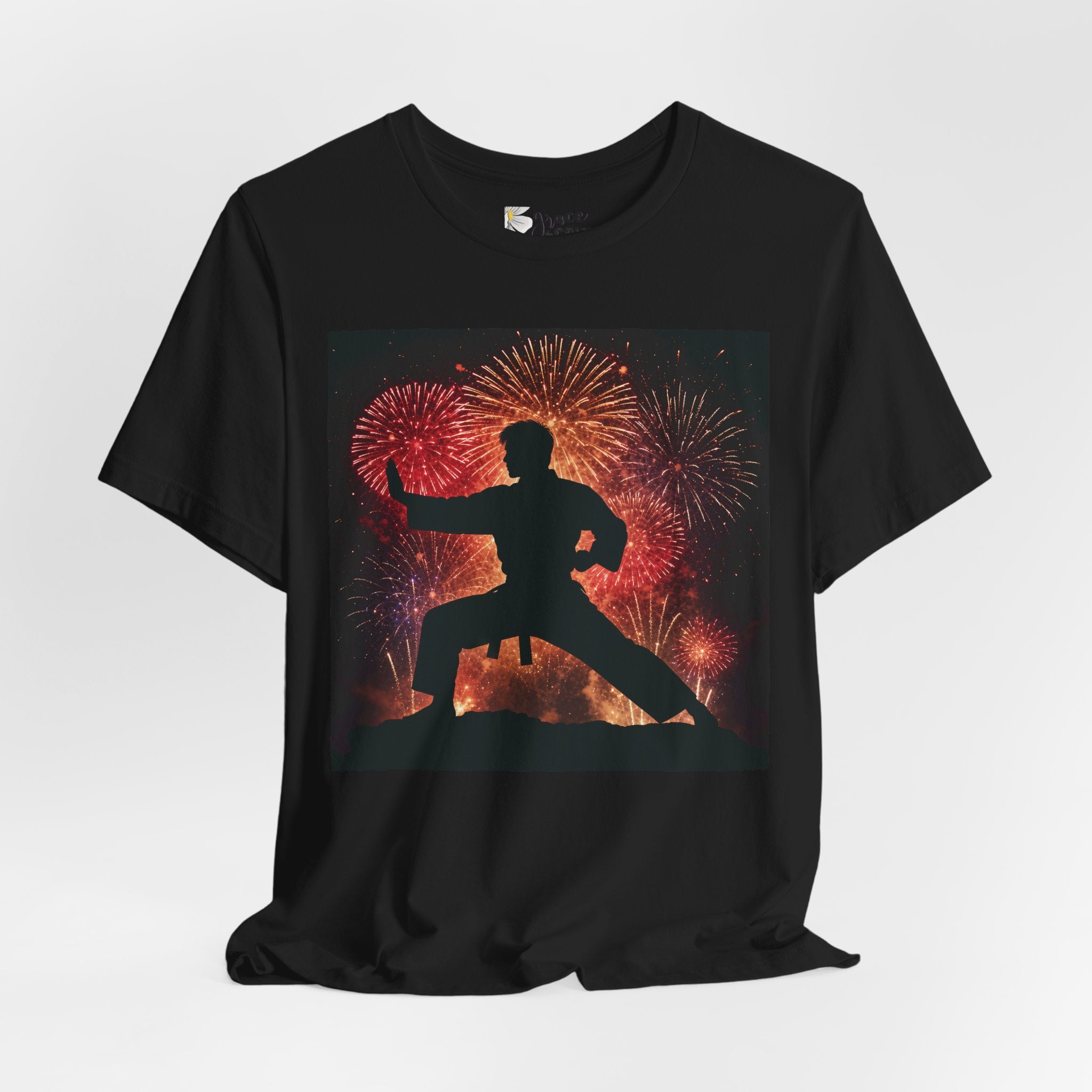 Martial Arts Fireworks T-Shirt — Karate Silhouette Celebration Tee