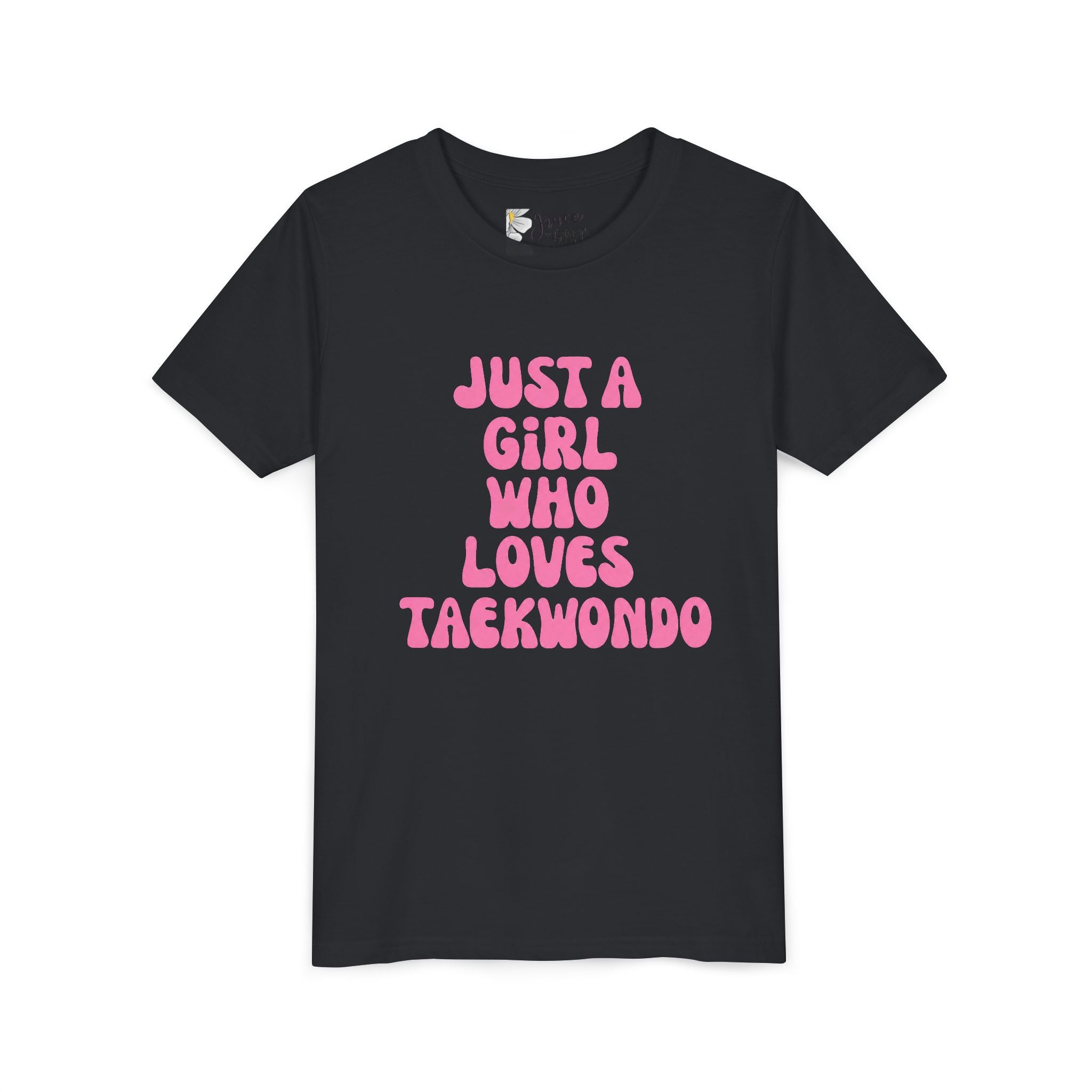 Just a Girl Who Loves Taekwondo Youth Tee | Pink Text Martial Arts Shirt