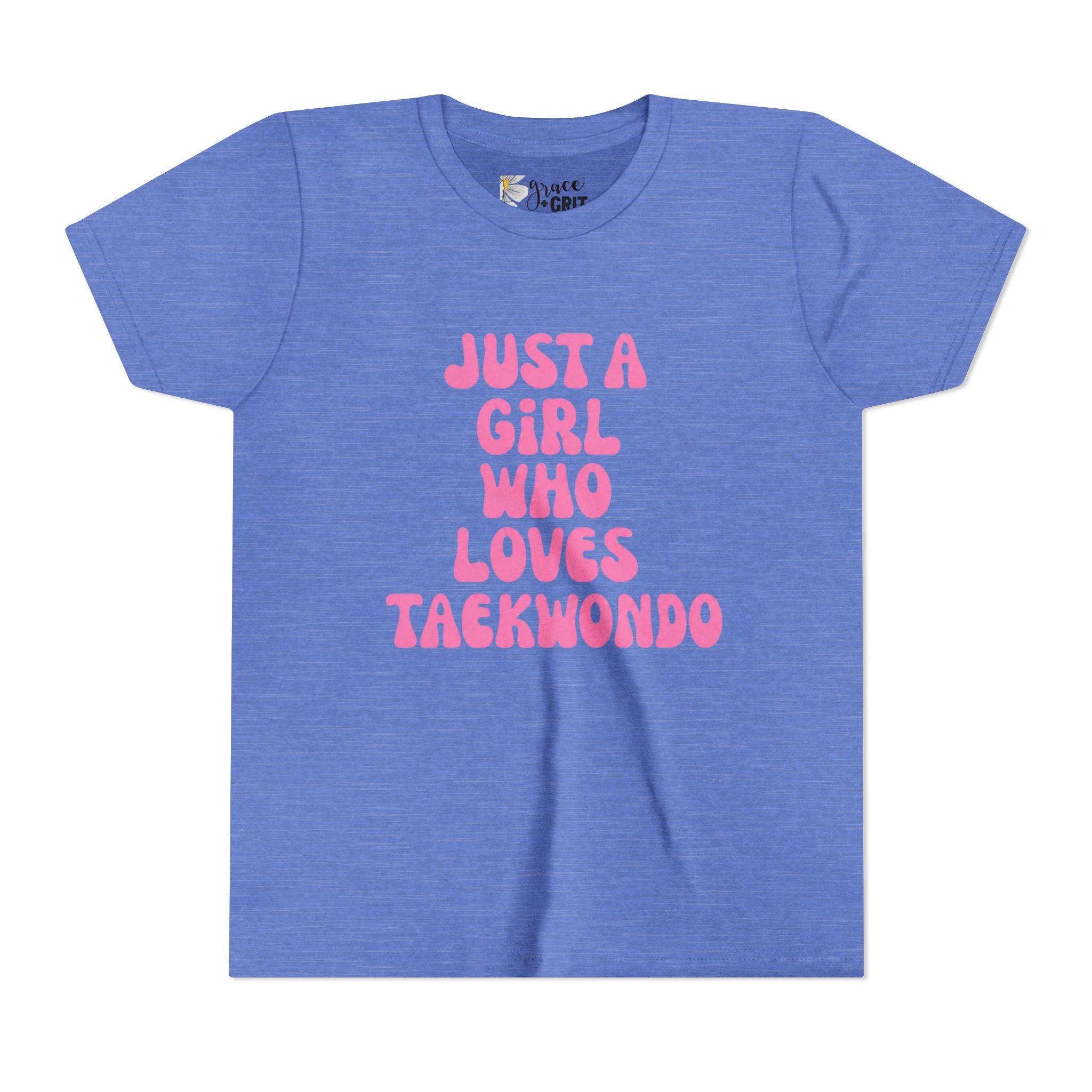 Just a Girl Who Loves Taekwondo Youth Tee | Pink Text Martial Arts Shirt