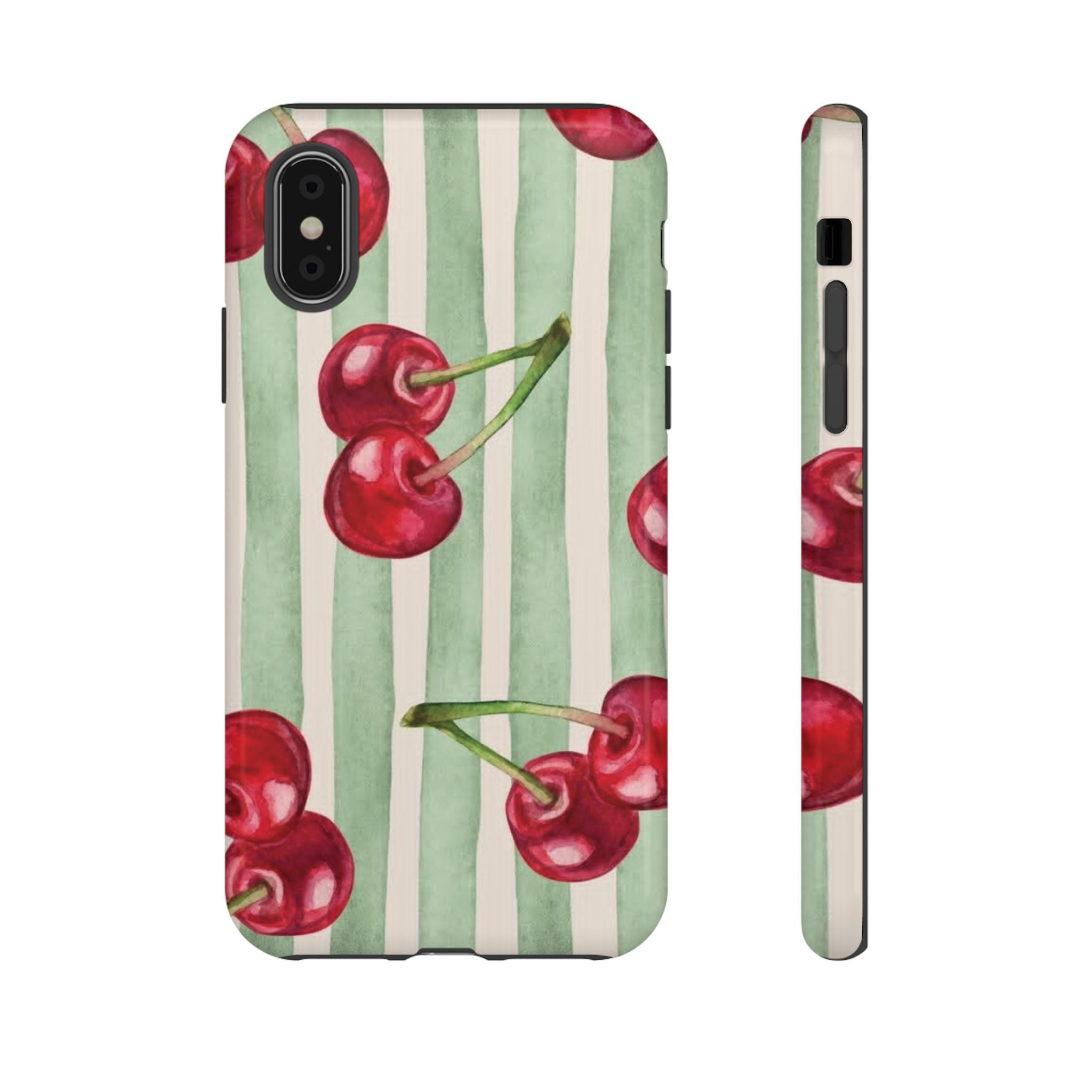 Cherry Stripe Phone Case – Retro Watercolor Cherries on Mint Stripes