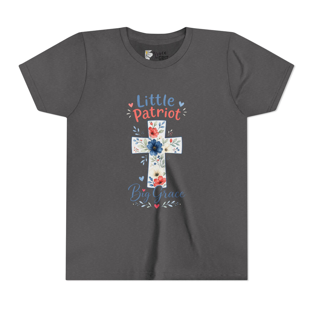 Little Patriot Big Grace Youth Tee — Floral Cross Christian Kids Shirt